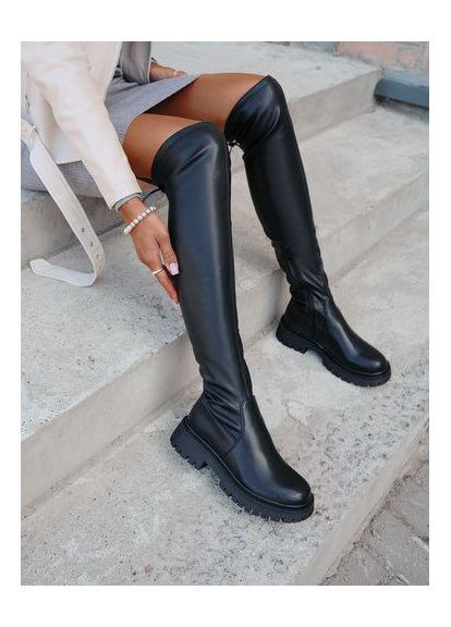 Черные осенние ботфорты-чулки женские кожаные Tiffany