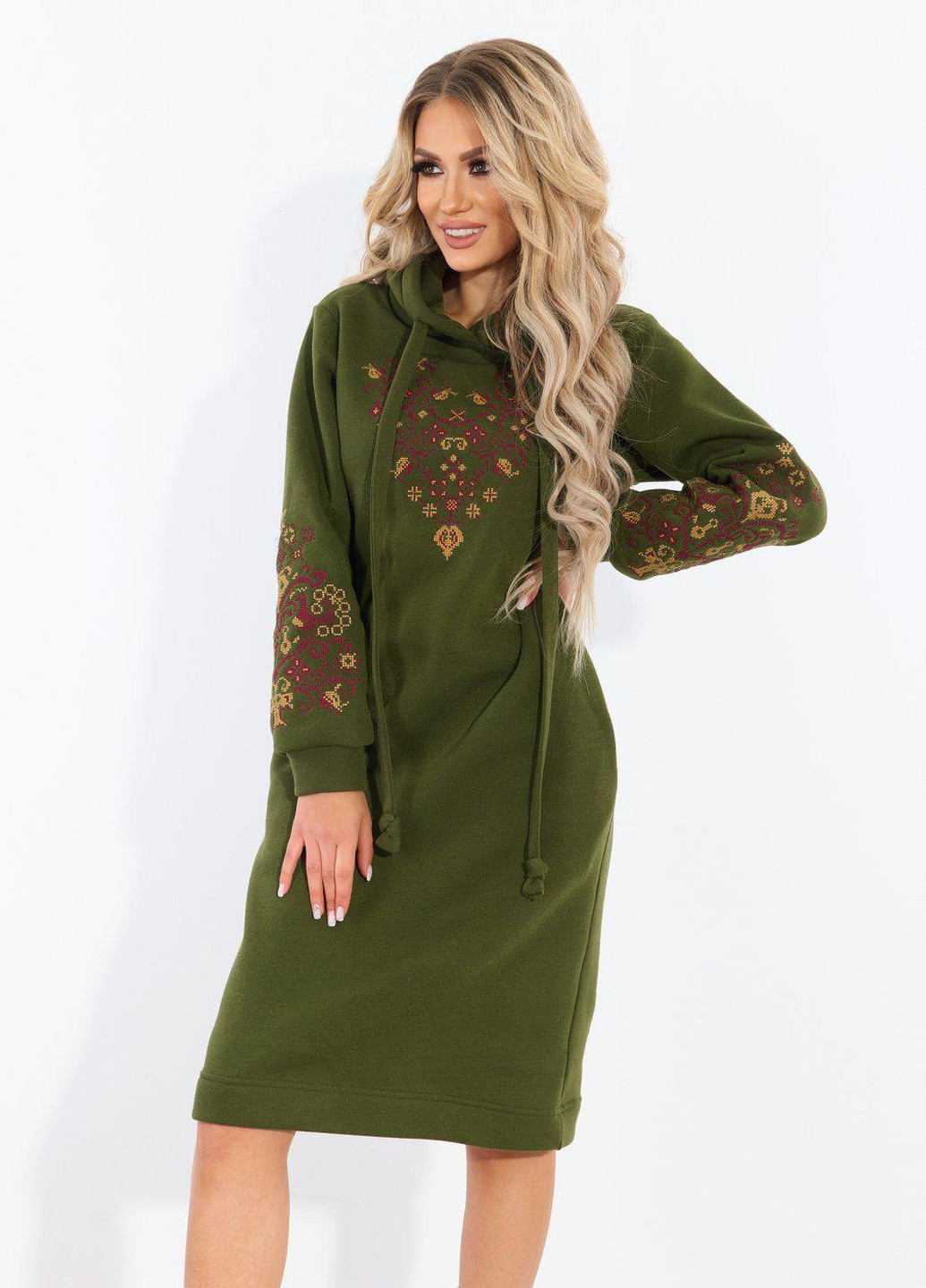 Зелена сукнi норма тепле плаття з флісом і вишивкою (50973)110407-821 Lemanta