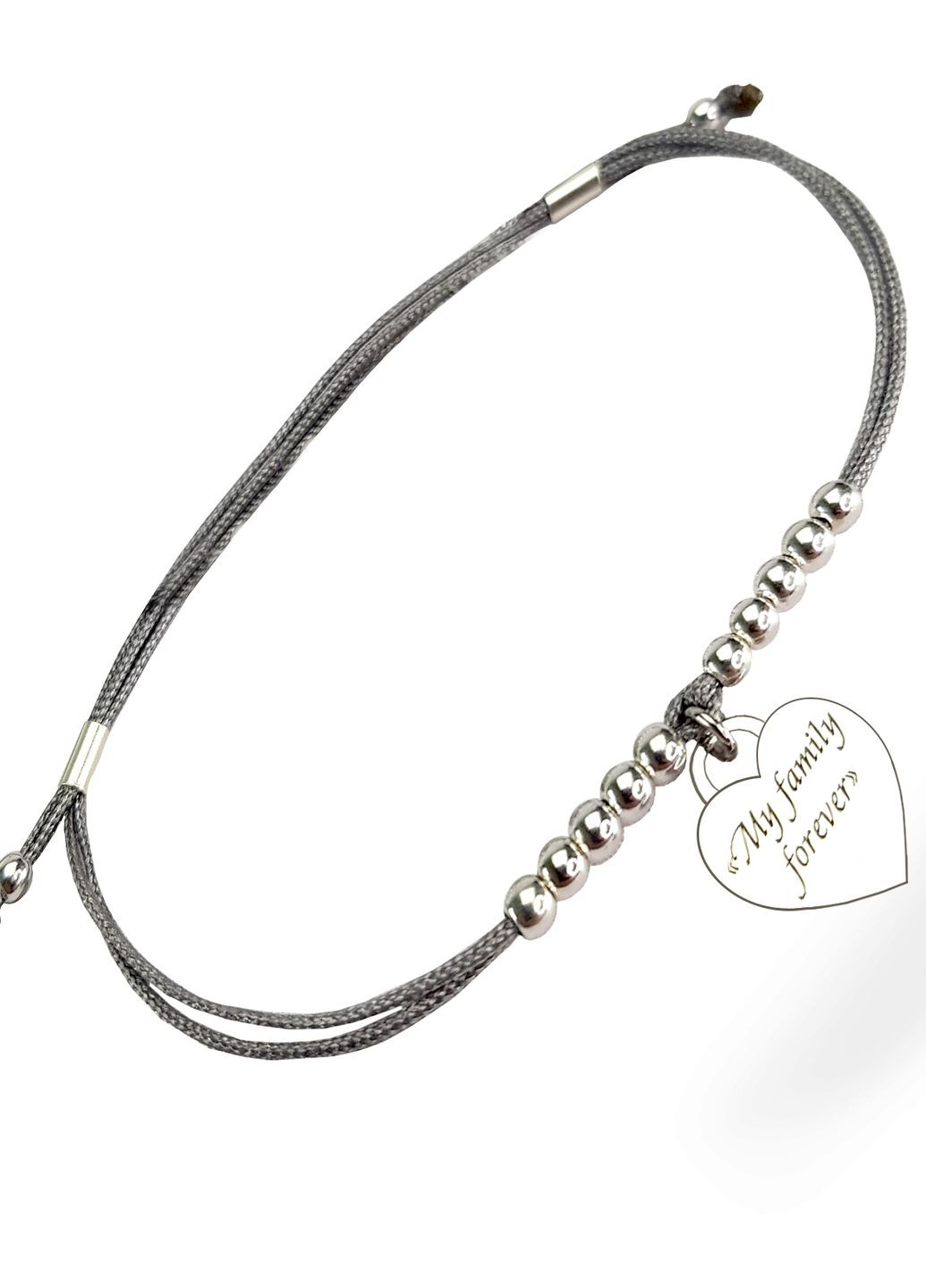 Серебряный браслет Сердце на шнурке серый «My family forever» регулируеться родированное серебро Family Tree Jewelry Line (266422821)