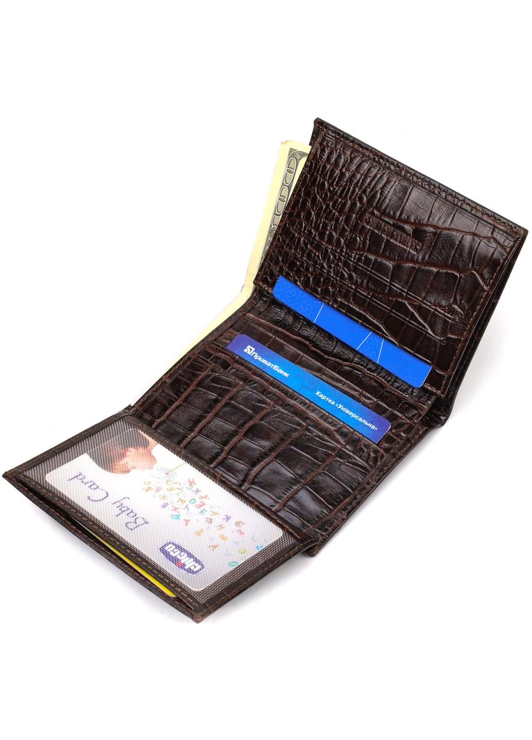 Компактний чоловічий гаманець із натуральної шкіри з тисненням під крокодила 21871 Коричневий Canpellini (259829972)