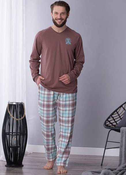 Пижама мужская прямые брюки и кофта с длинными рукавами M Мокко с бирюзовым MNS 450 B21 Key (256979440)