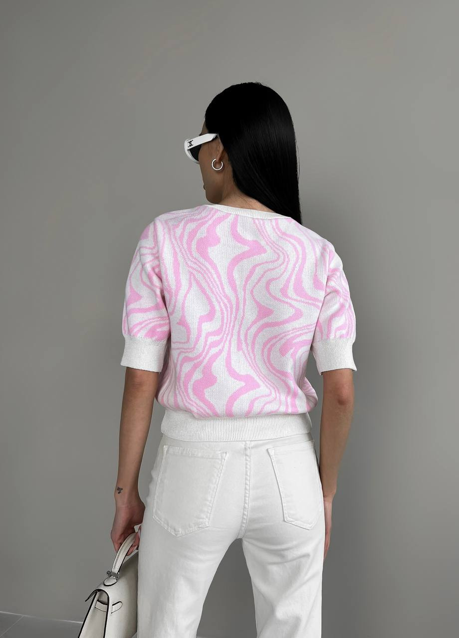 Молочная женская футболка с волнообразным рисунком цвет молочный-розовый р.42/46 432200 New Trend