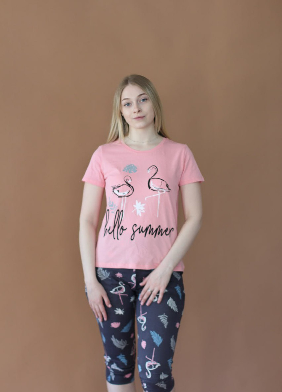 Розовая женская пижама с бриджами футболка + бриджи Milana