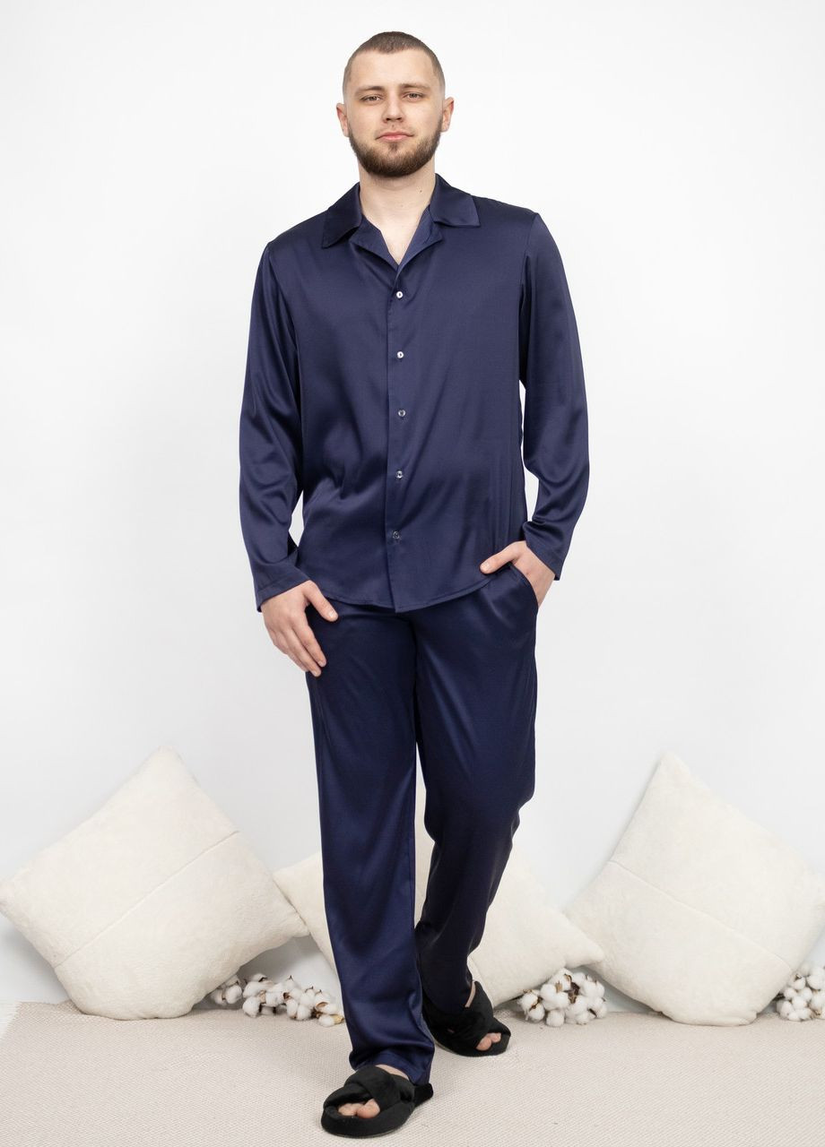 Пижама костюм мужской домашний шелковый рубашка со штанами Темно-синий Maybel (276838404)