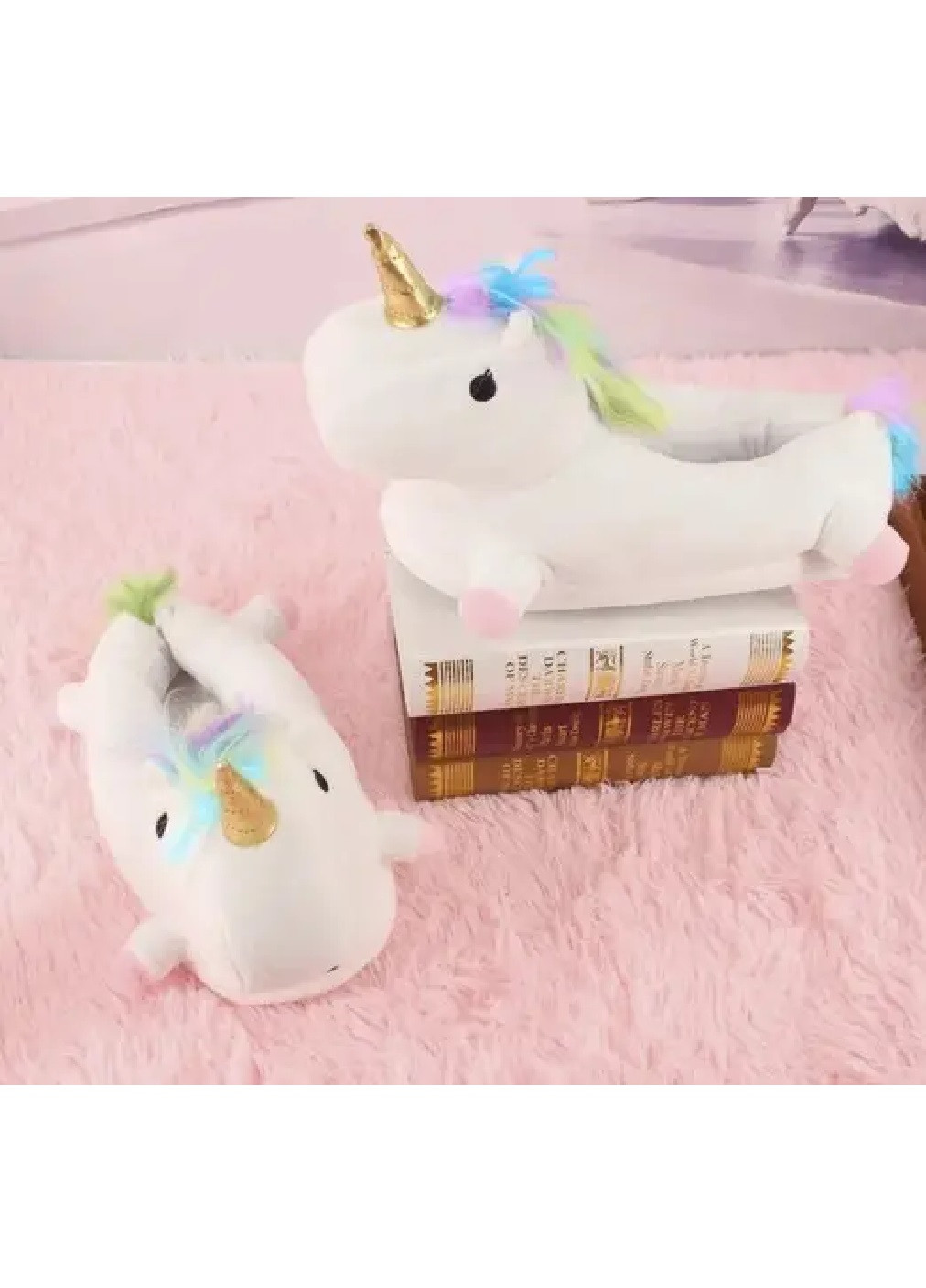 Белые комнатные теплые закрытые тапочки кигуруми животные для детей девочек 34-38 размер 30х18х16 см (475477-prob) единороги Unbranded