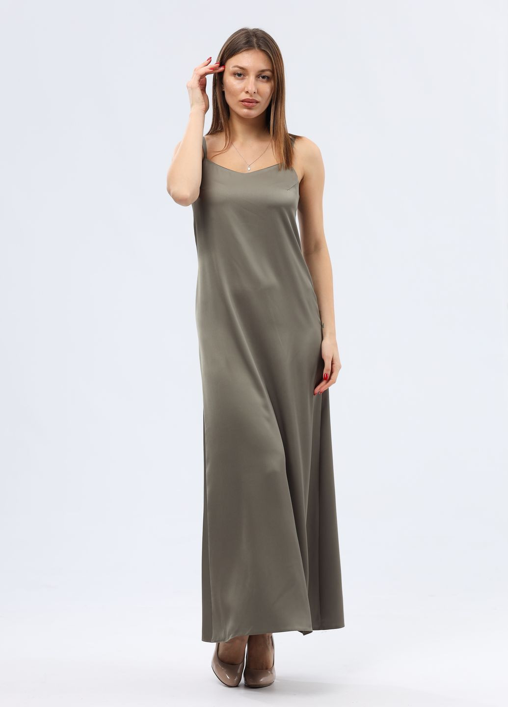 Оливковое атласное платье комбинация оливкового цвета 5755 Cat Orange