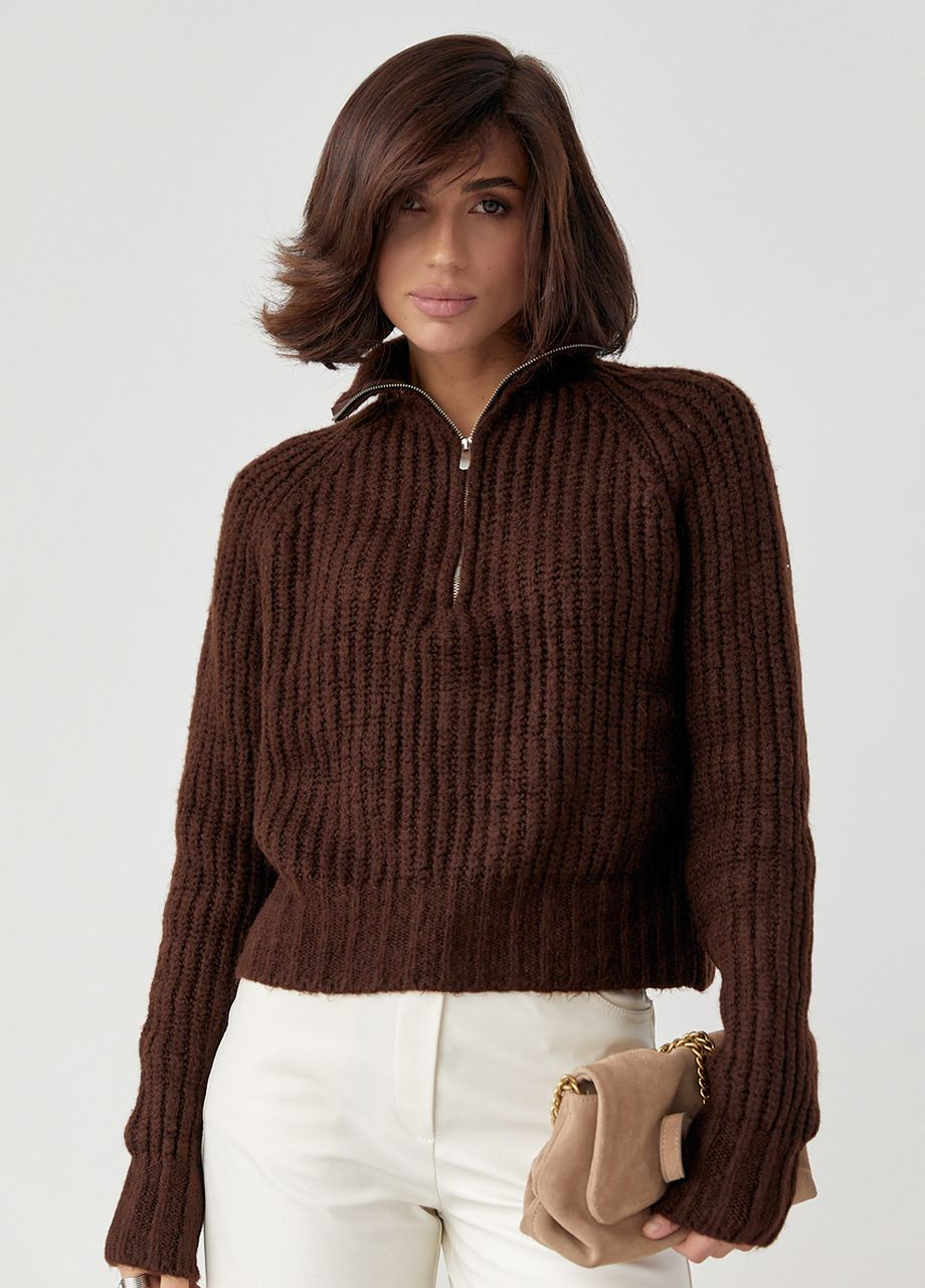 Коричневый зимний женский вязаный свитер oversize с воротником на молнии - коричневый Lurex
