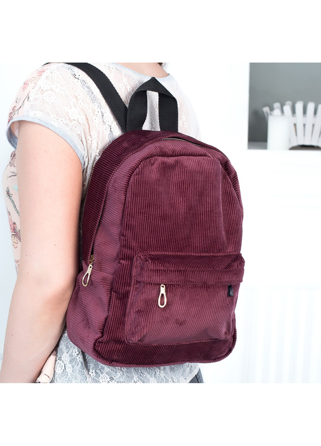 Женский городской вельветовый рюкзак бордового цвета среднего размера повседневный No Brand (258591265)