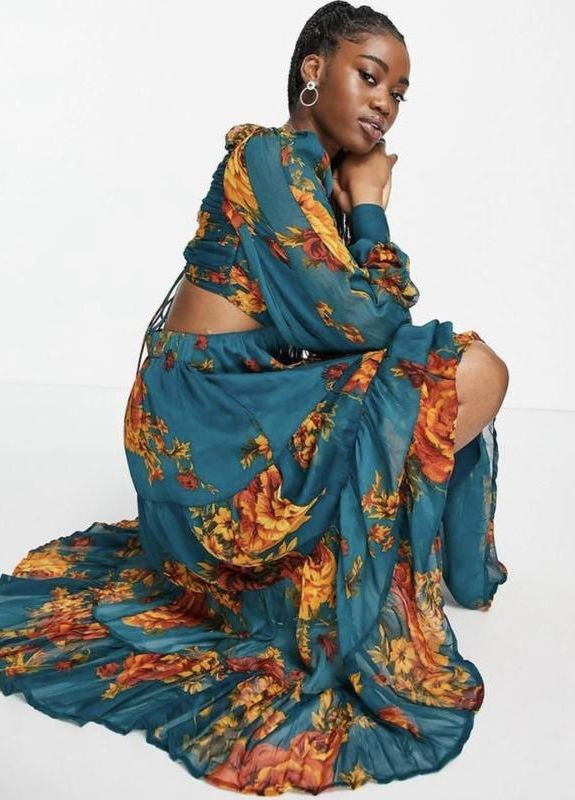 Темно-бірюзова сукня з м'яким ліфом, багаторівневою спідницею і шнурівкою на спині design з квітковим принтом. Asos з квітковим принтом