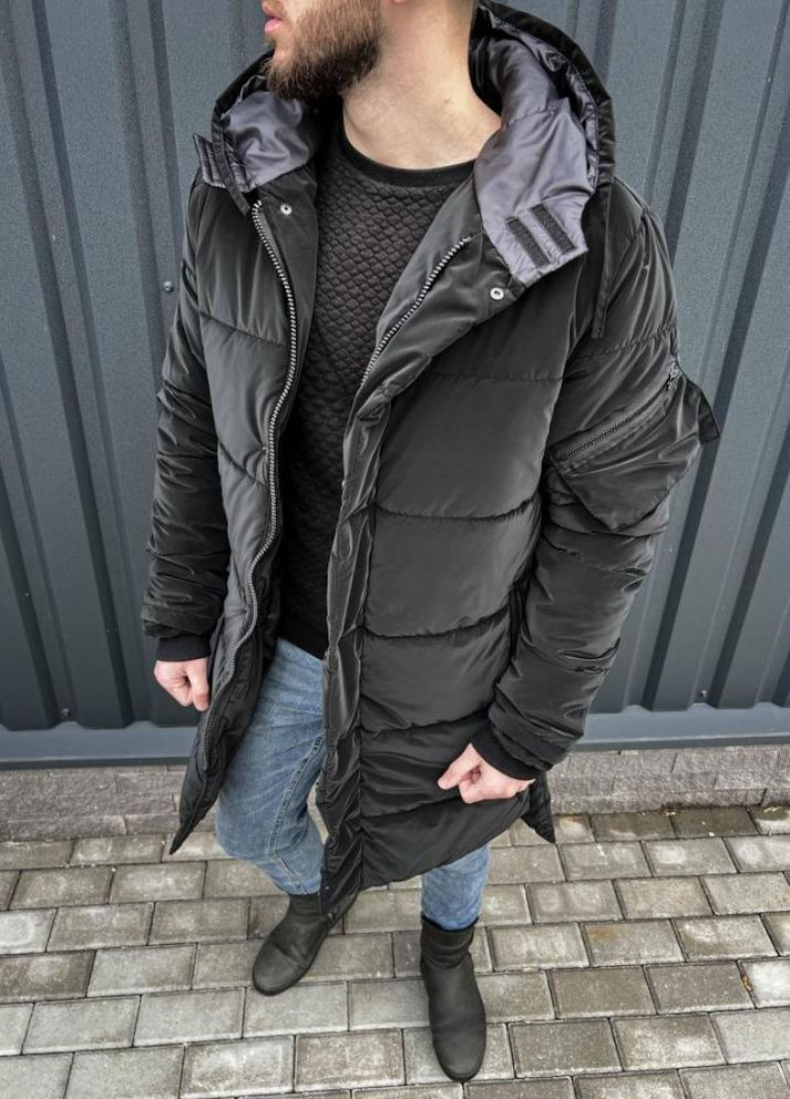 Чорна зимня зимова довга куртка чорного кольору No Brand