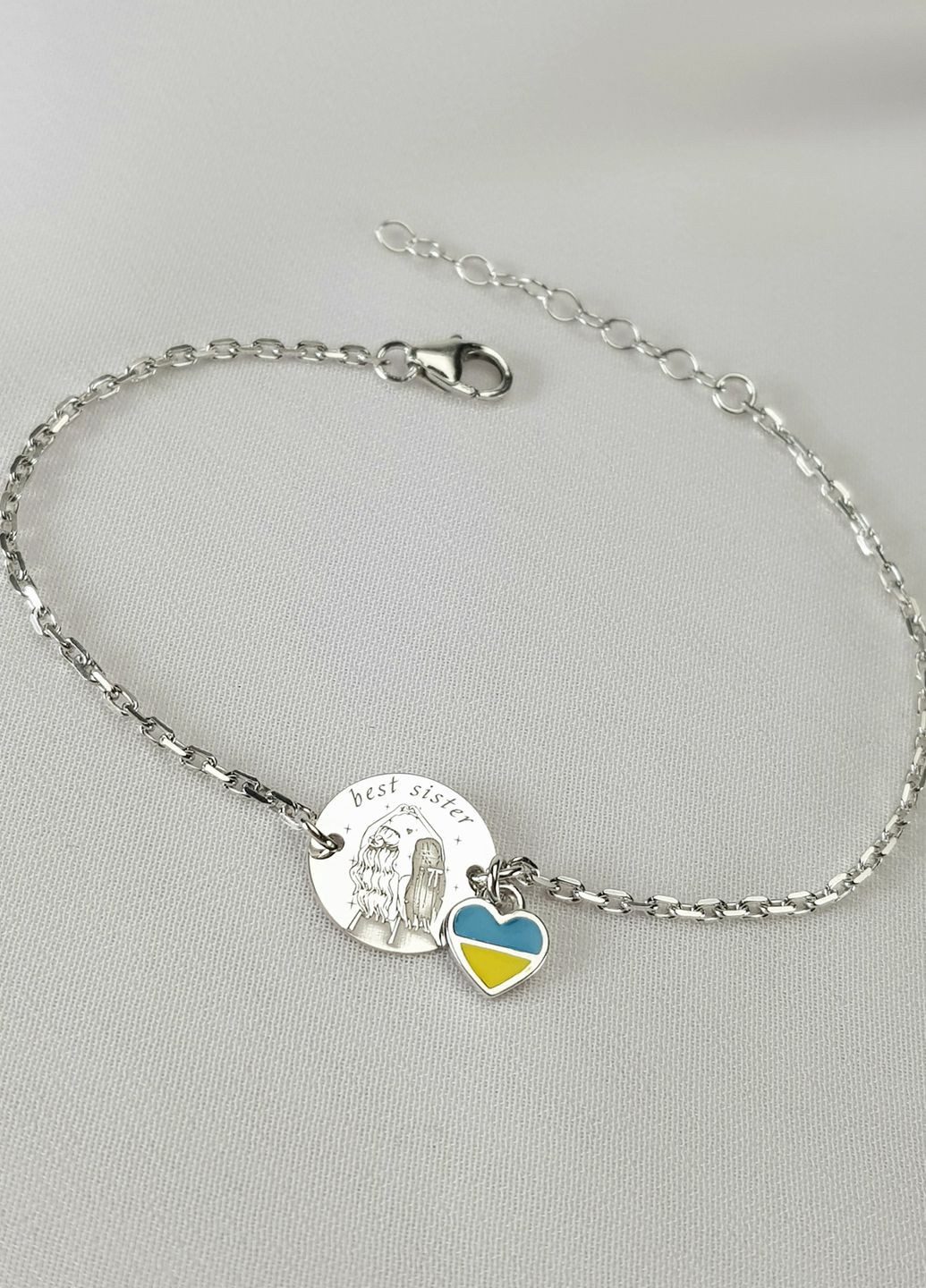 Серебряный браслет на цепочке с сердцем «Best Sister» регулируеться родированное серебро Family Tree Jewelry Line (266267235)