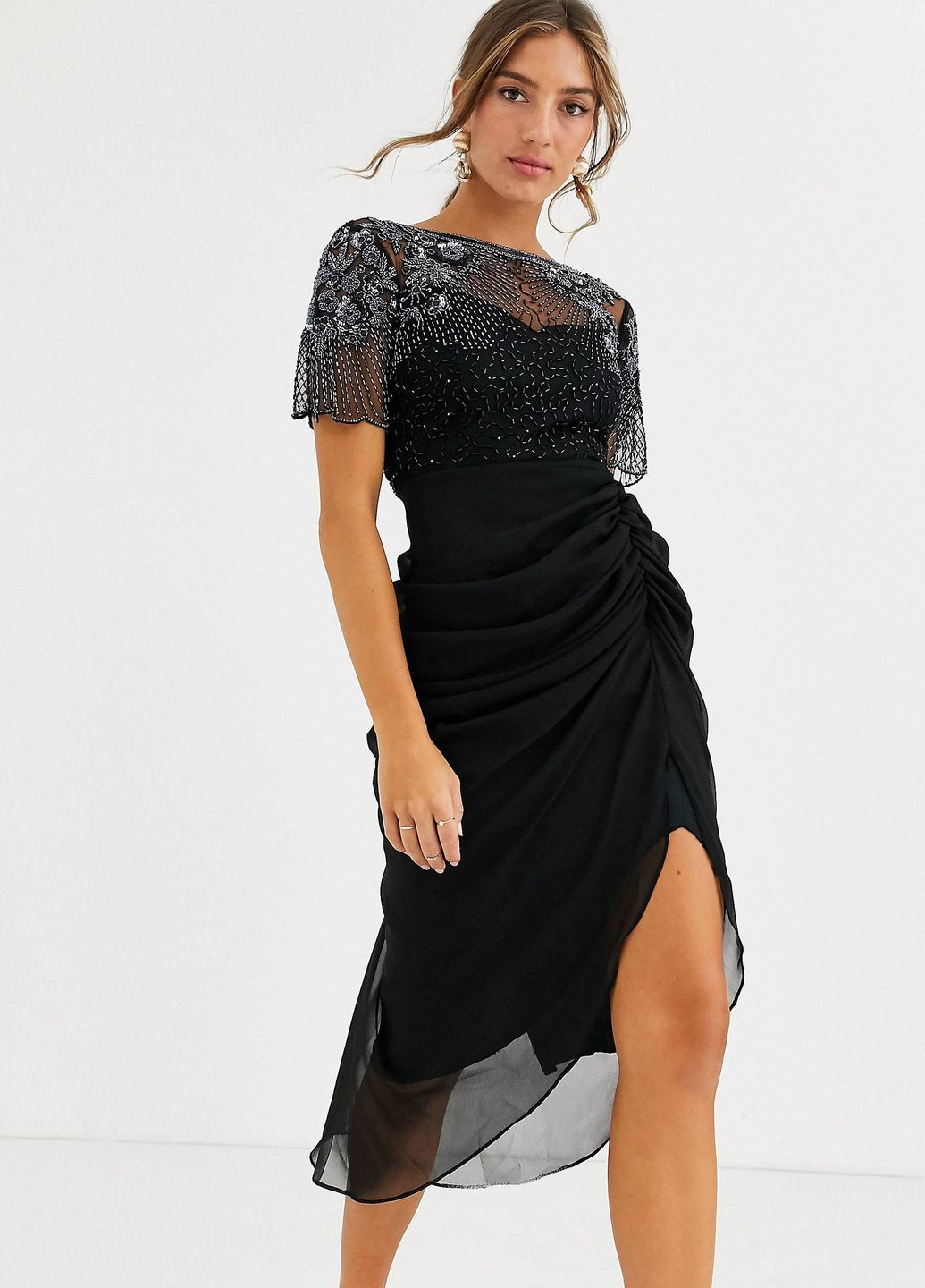 Чорна сукня міді з вечірнім оздобленням камінням бісером Virgos Lounge