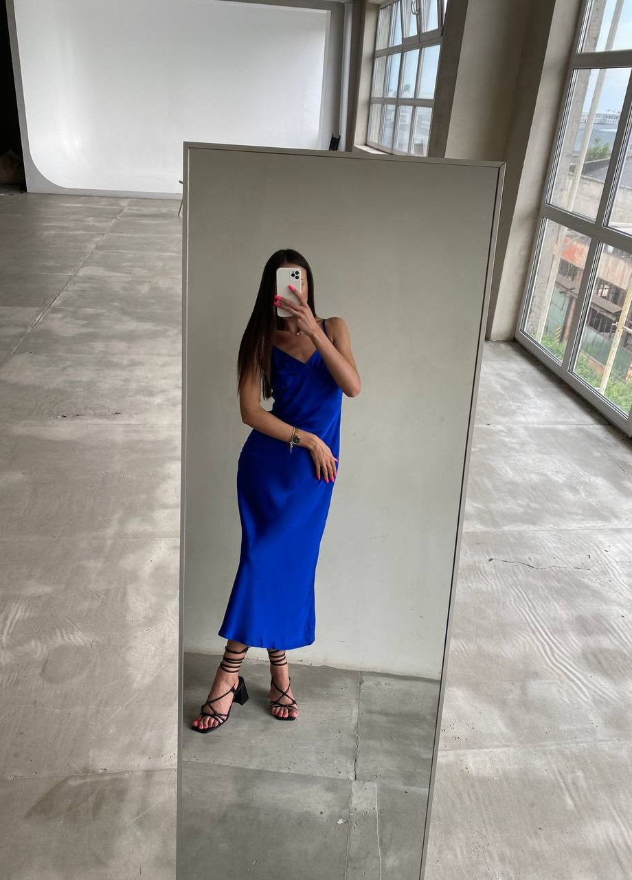 Синее деловое невероятное женское платье для деловой встречи No Brand однотонное