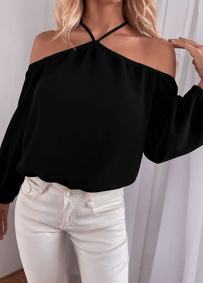 Черная демисезонная блузка женская черного цвета с баской Let's Shop