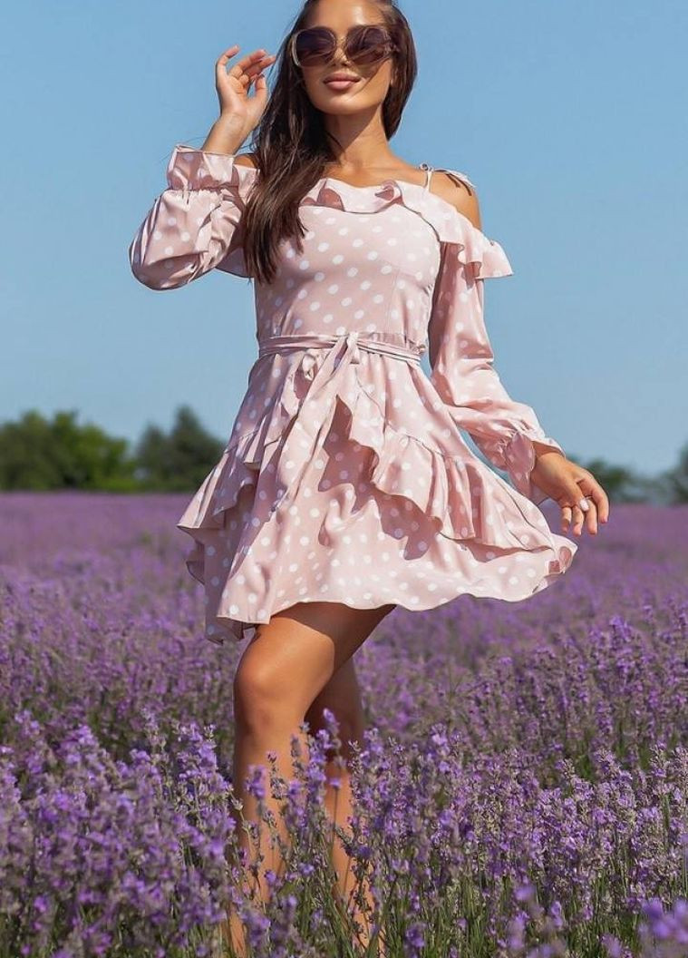 Бежева жіноча сукня з поясом колір бежевий в горох р.42/44 437859 New Trend