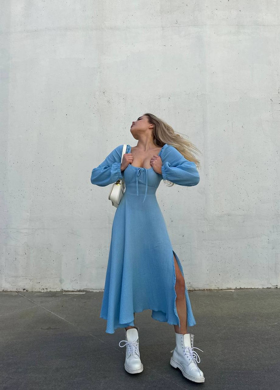 Голубое кэжуал женское платье муслин No Brand