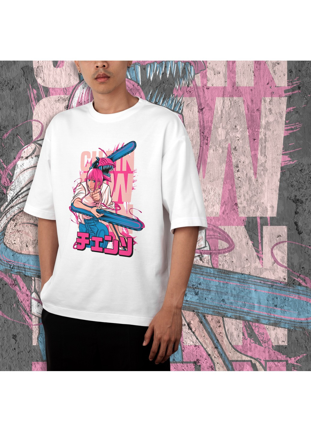 Белая футболка c принтом человек бензопила - денджи и макима we No Brand