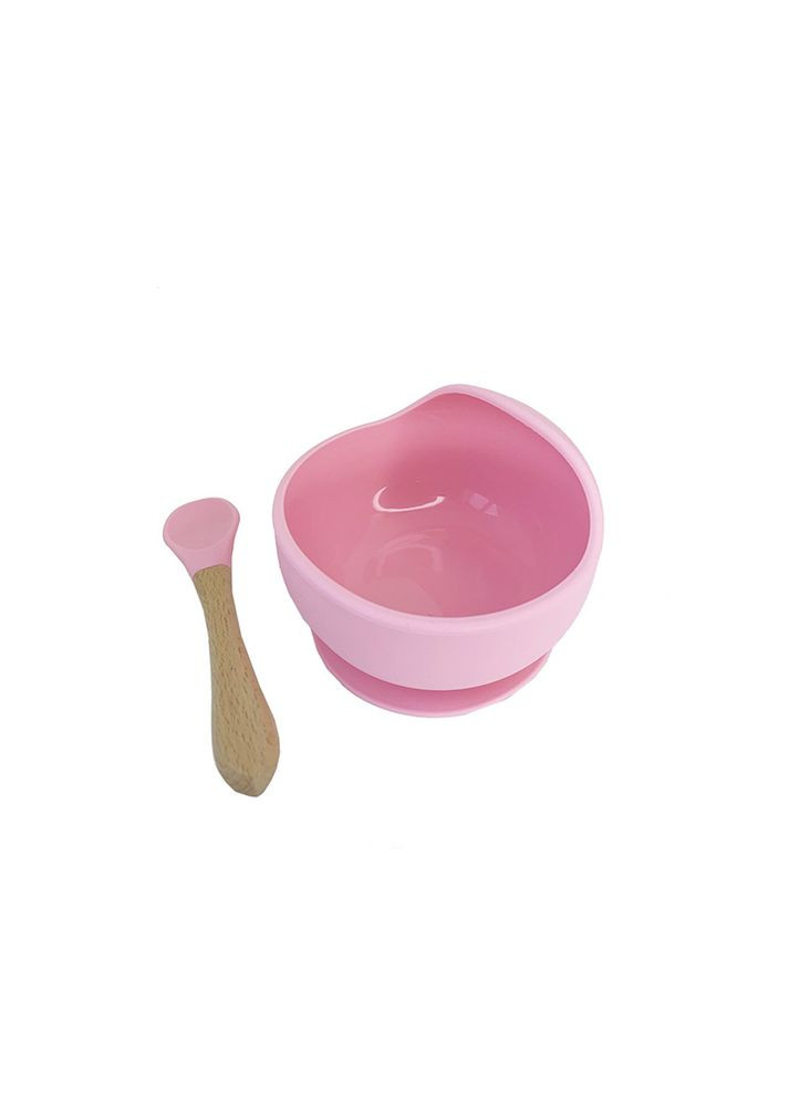 Силіконова тарілка на присосці з дерев`яною ложкою колір рожевий ЦБ-00227994 No Brand (260941860)