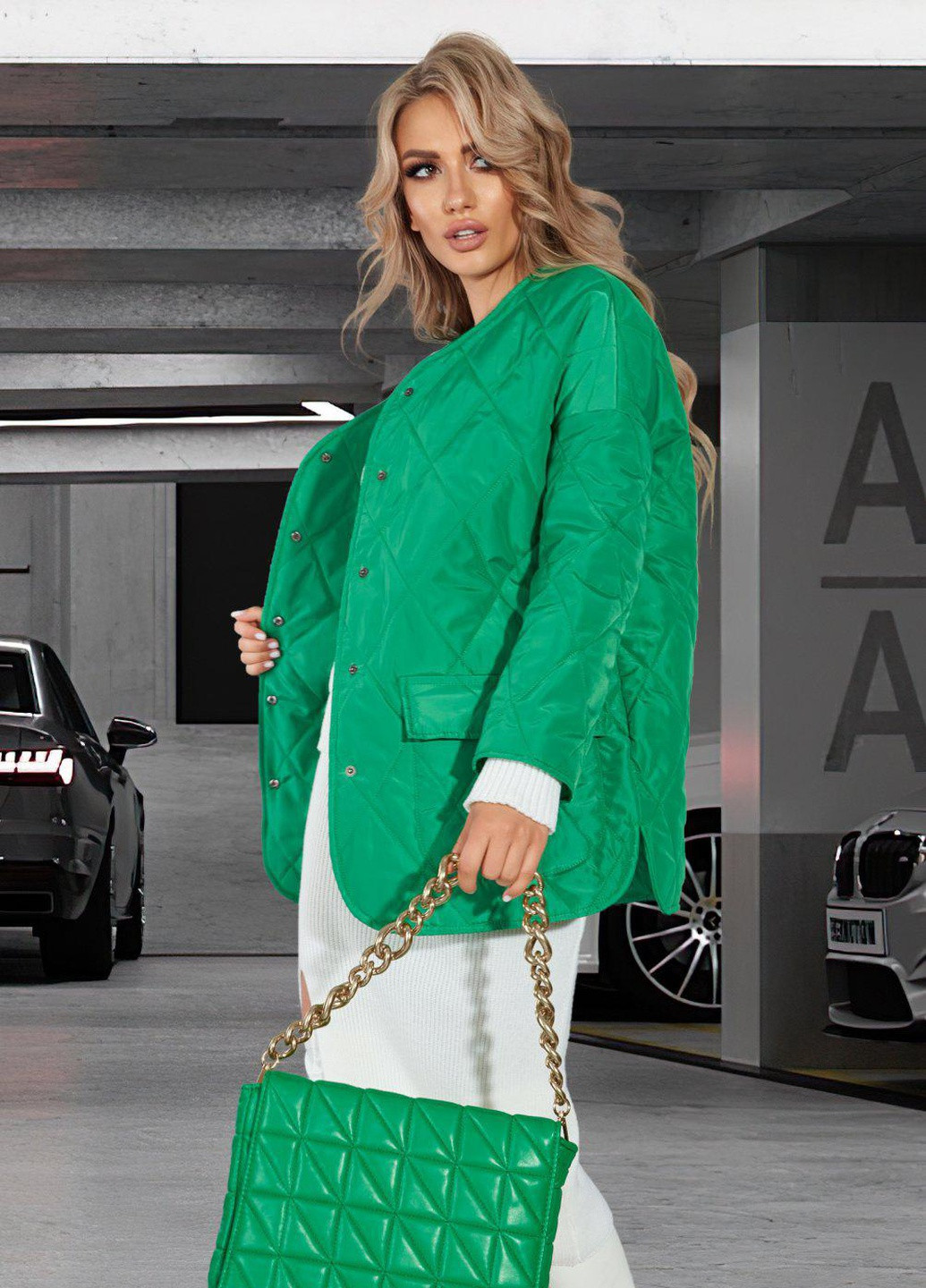 Зелена жіночий верхній одяг стьобана куртка з накладними кишенями (5338)19933-8 Lemanta