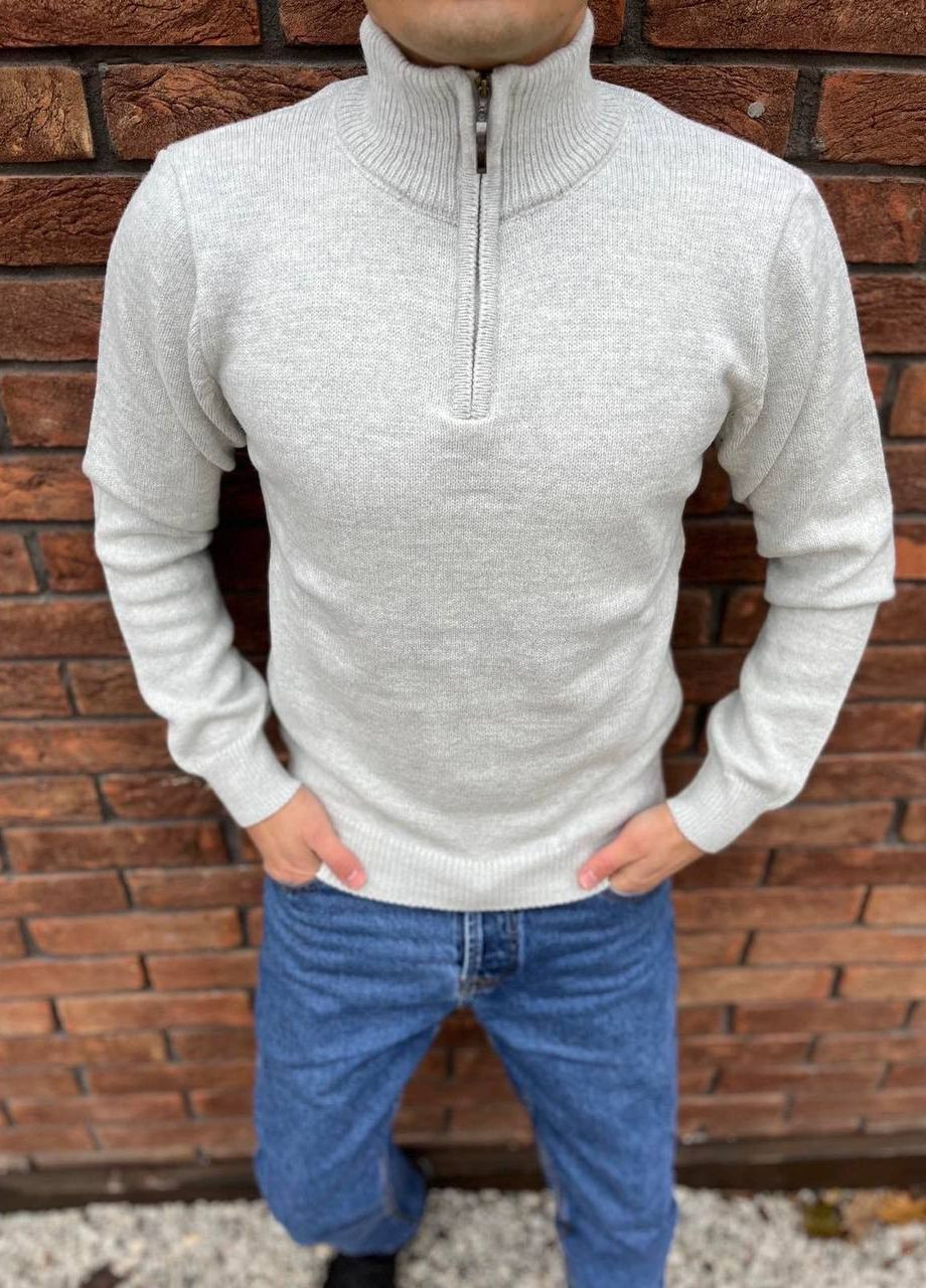 Светло-серый зимний мужской однотонный свитер баталл No Brand