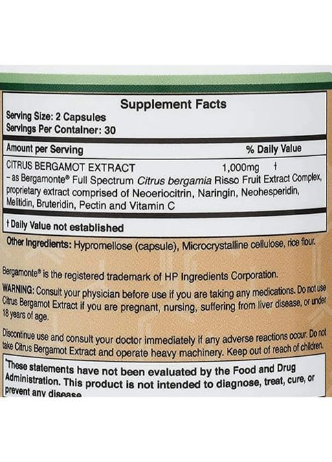 Double Wood Citrus Bergamot Extract 1000 mg (2 caps per serving) 60 Caps Double Wood Supplements (265623949)