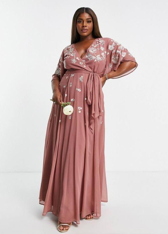 Розово-коричневое платье макси с цветочной вышивкой в тон design curve bridesmaid Asos