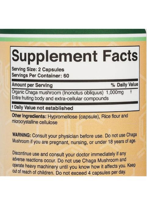 Double Wood Chaga Mushroom 1000 mg (2 caps per serving) 120 Caps Double Wood Supplements (265623955)