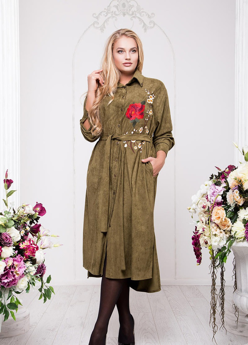 Оливковое (хаки) платье - рубашка с вышивкой DIMODA с цветочным принтом