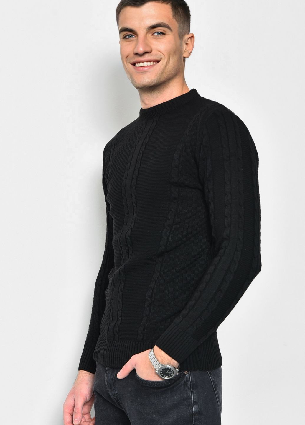 Чорний демісезонний светр чоловічий однотонний чорного кольору пуловер Let's Shop