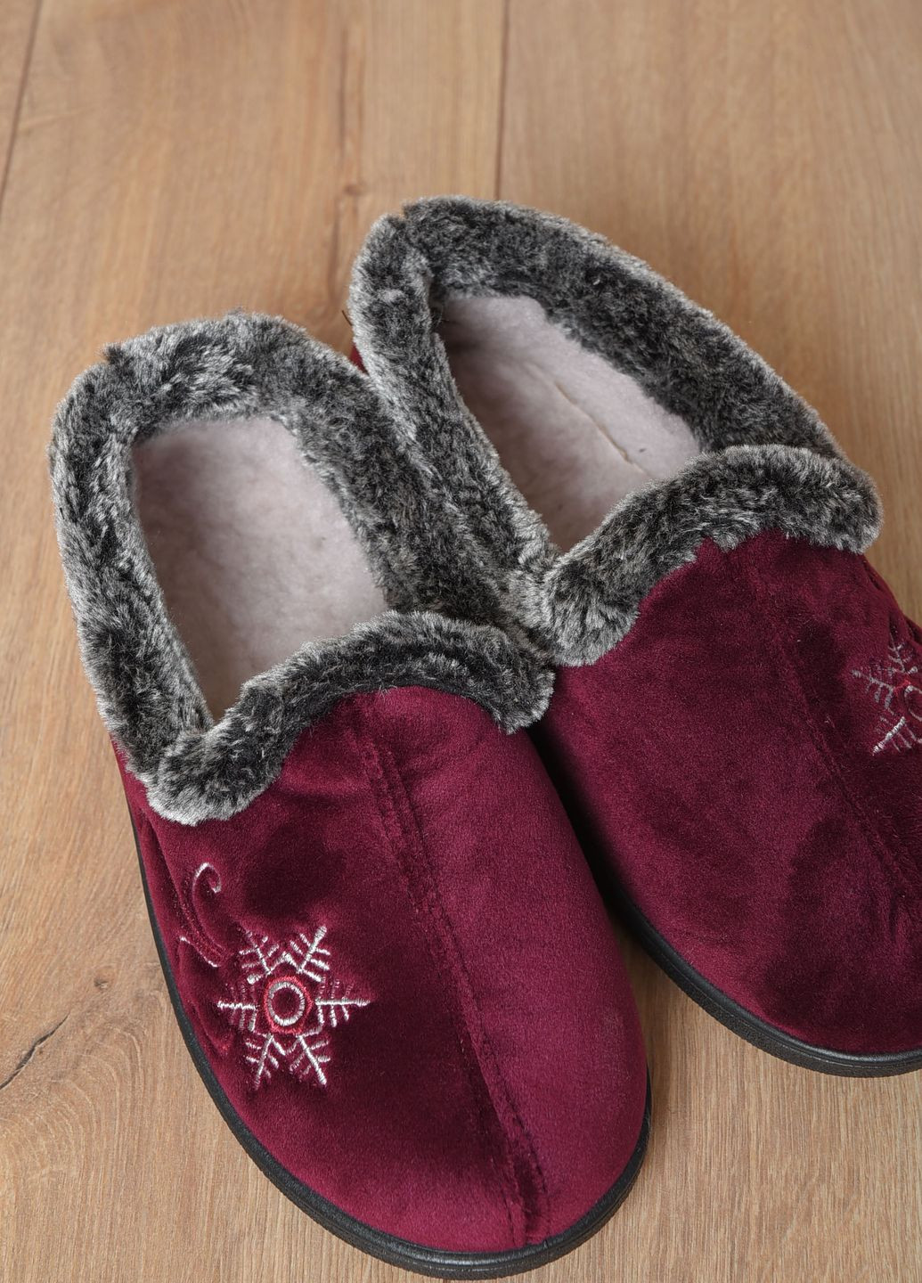 Бордовые тапочки женские на меху бордового цвета с рисунком Let's Shop с мехом