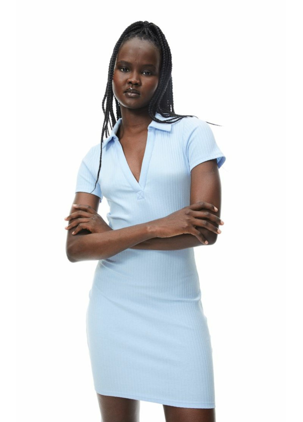 Голубое повседневный женское трикотажное платье с воротником н&м (56528) xs голубое H&M