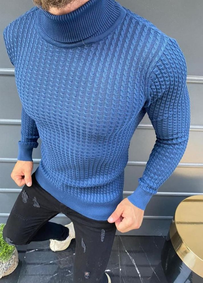 Блакитний демісезонний в'язаний чоловічий блакитний светр No Brand