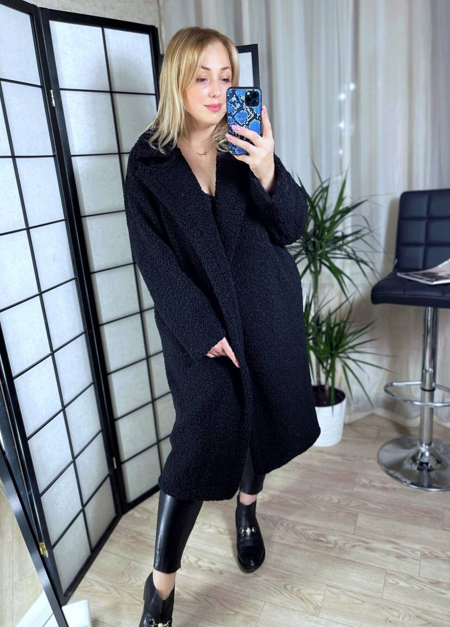 Чорне демісезонне Стильне жіноче пальто з баранця, чудове пальто люкс якості з поясом No Brand