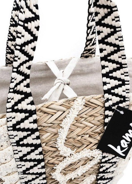 Сумка пляжная плетеная корзина с кружевными ручками и вышивкой TsLove Бежевая с черным Kamoa (258210537)