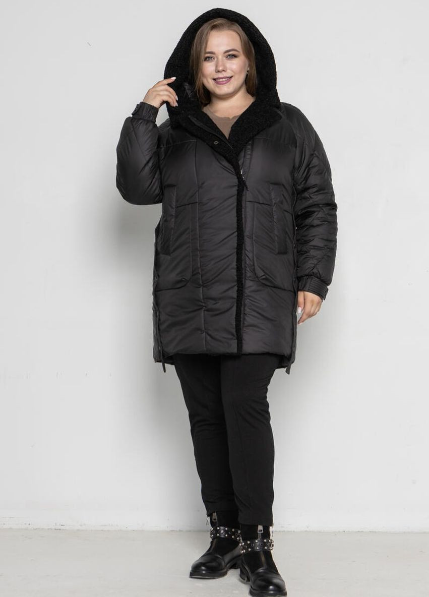 Черная женская зимняя куртка удлинённая с капюшоном DIMODA Жіноча куртка зимова з капюшоном від українського виробника