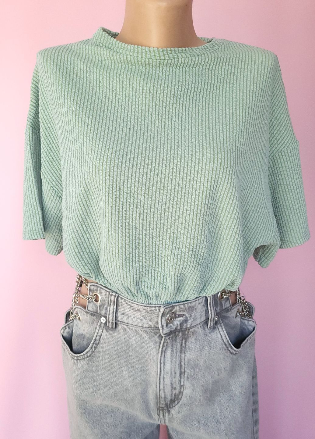 Футболка Oversize укорочена в рубчик М'ятна Pink Woman - (260738953)