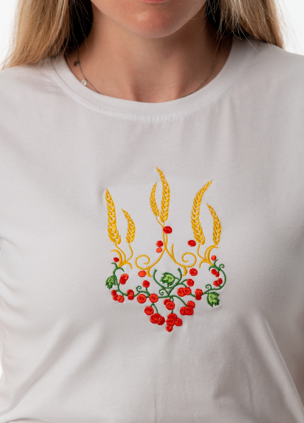 Біла жіноча футболка з вишивкою "тризуб червона калина" з коротким рукавом VINCA
