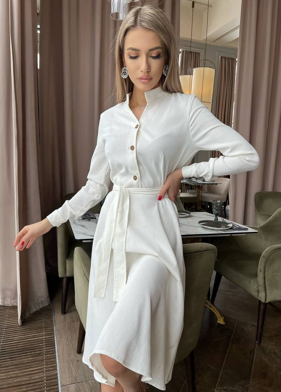 Молочное женское платье из вельвета с поясом цвет молочный р.42/44 446335 New Trend