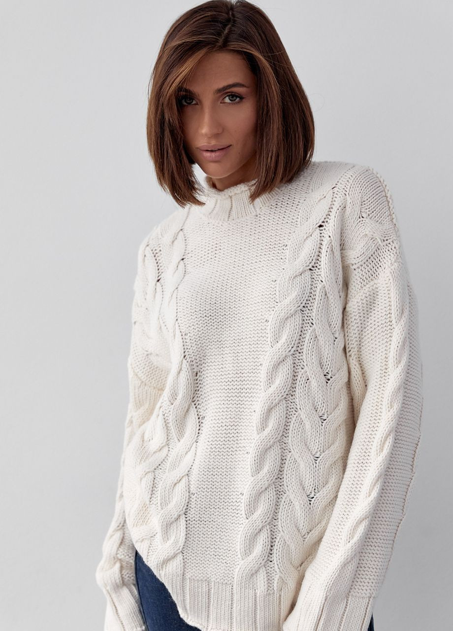 Бежевий зимовий в'язаний светр із косами oversize - кремовий Lurex