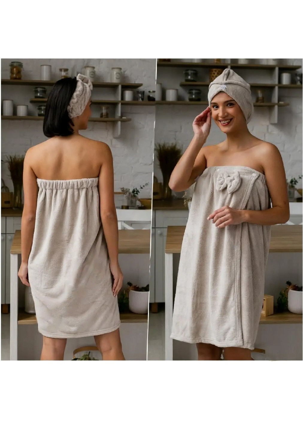 Женский набор 3 в 1 для бани сауны полотенце халат на резинке чалма тюрбан повязка на голову микрофибра (473810-Prob) Серый Unbranded (256602731)