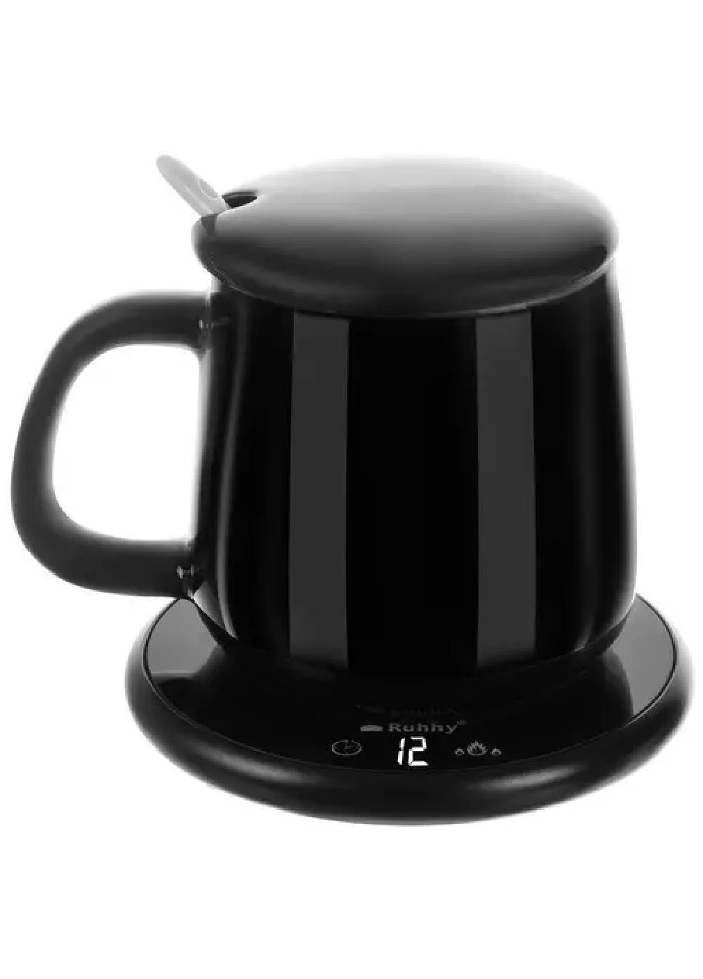 Чашка керамічна з електричним універсальним нагрівачем ложечкою таймером 400 мл (475480-Prob) Чорна Unbranded (268024583)