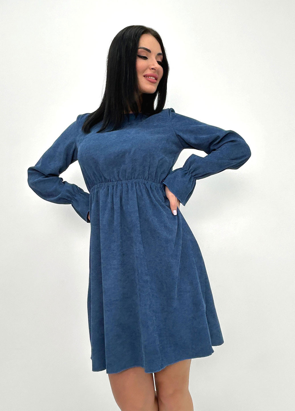 Темно-блакитна повсякденний, кежуал вельветова сукня із завищеною талією Fashion Girl однотонна