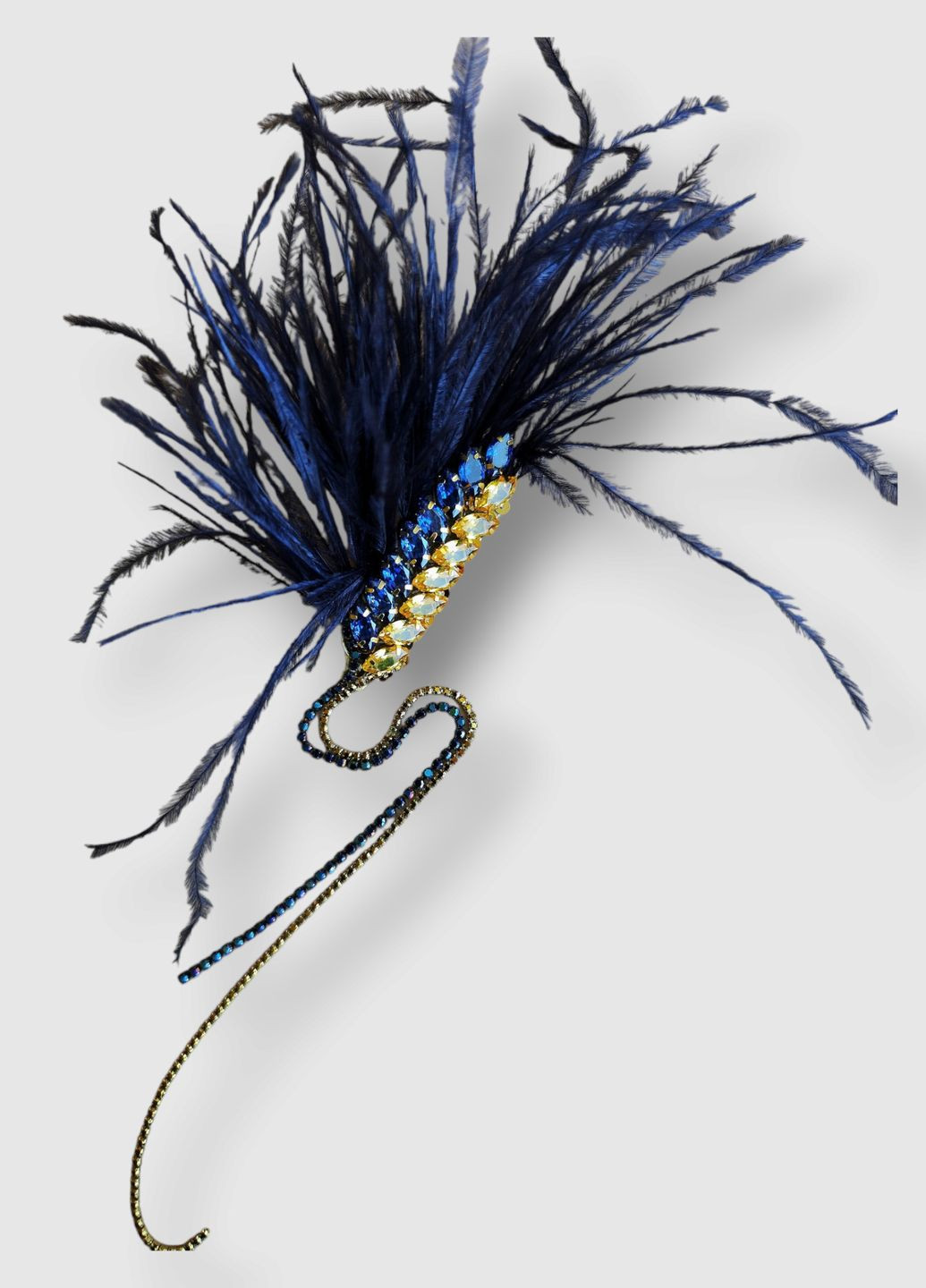Брошь колосок желто-голубой с длинными стразовыми цепочками и перьями синего цвета (UA34) Ksenija Vitali (267507533)