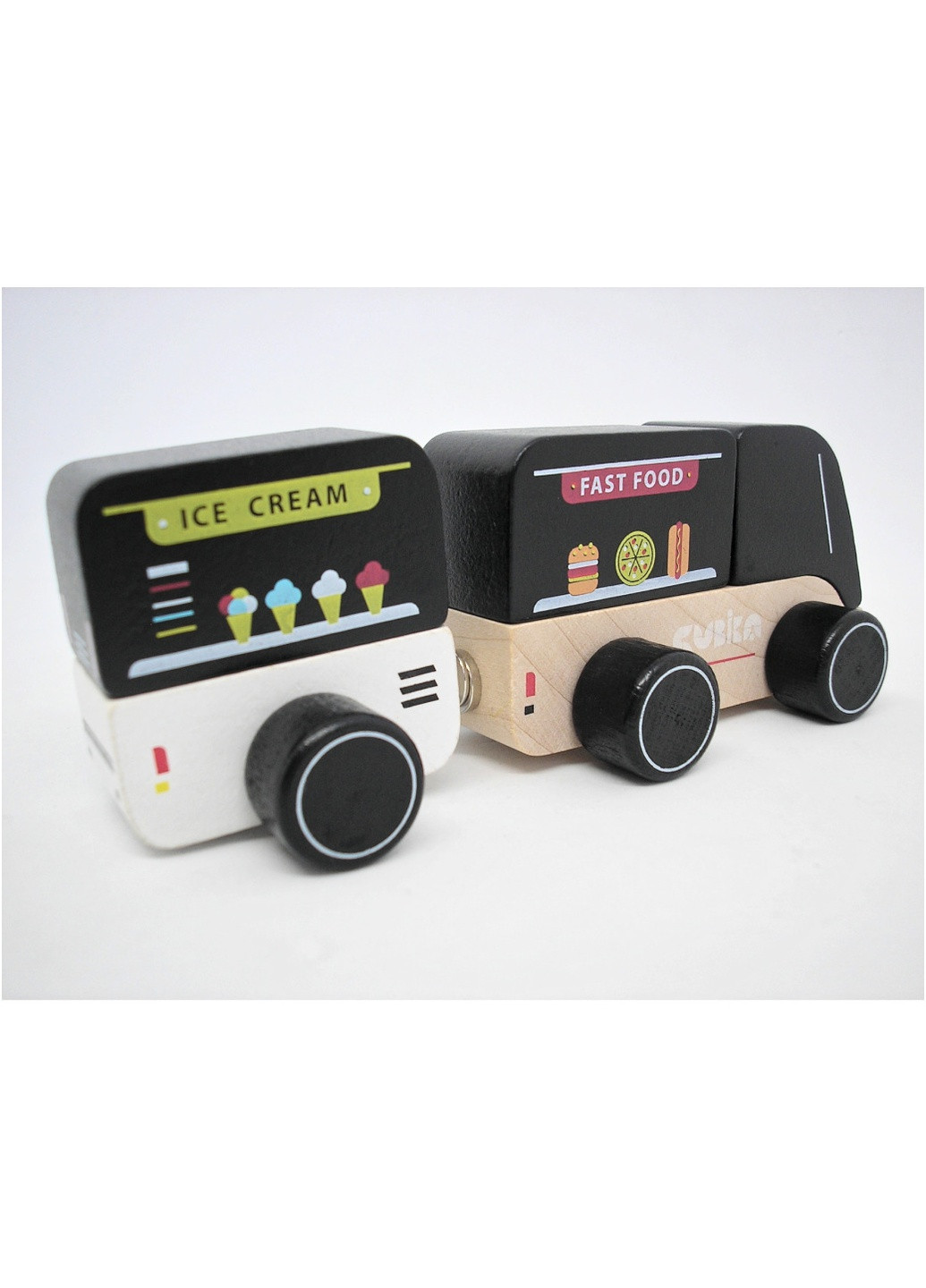 Іграшка машинка дерев'яна дитяча розвиваюча мандруюче кафе різнокольорове на магнітах 2 деталі Cubika (259771282)