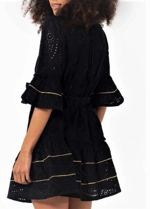 Черное платье короткое хлопковое с шитьем сангалло на пуговицах с рукавами три четверти m черный ic-713 Iconique
