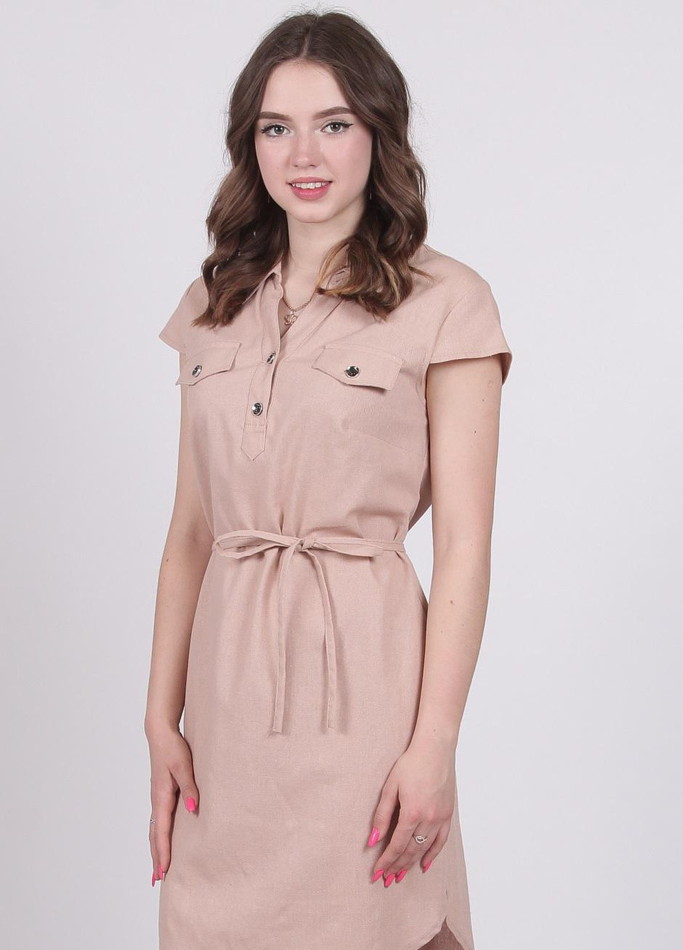 Светло-коричневое кэжуал платье женское 004 однотонный лен бежевый Актуаль