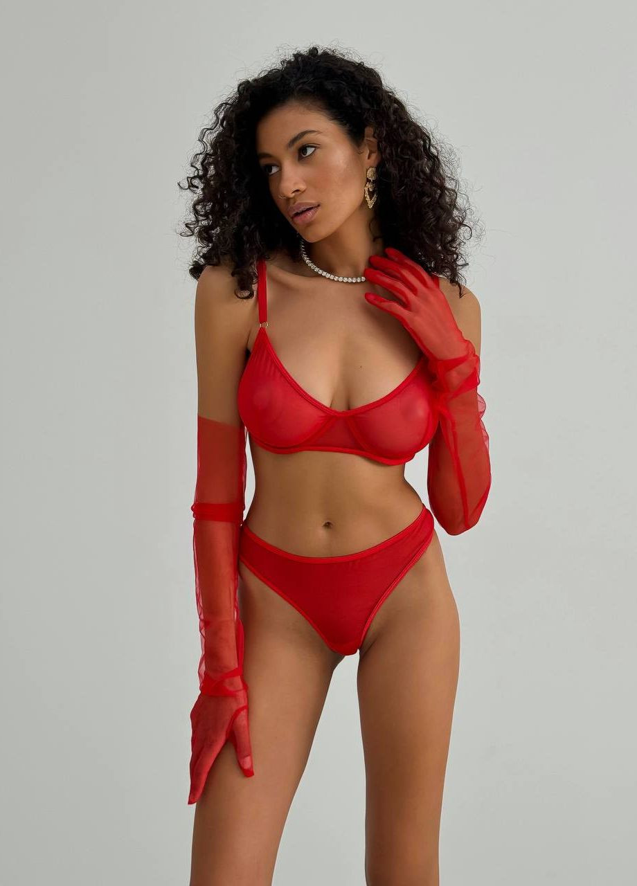 Червоний неймовірно вишуканий комплект жіночої білизни з перчатками Simply sexy