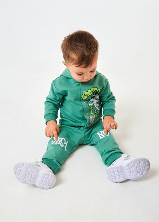 Зелений дитячий костюм (кофта + штанці) | 95% бавовна | демісезон | 80, 86 | малюнок собачка на скутері зелений Smil