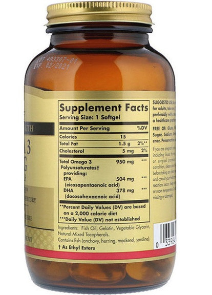 Omega-3, EPA & DHA, Triple Strength 950 mg 100 Softgels Solgar (256722706)
