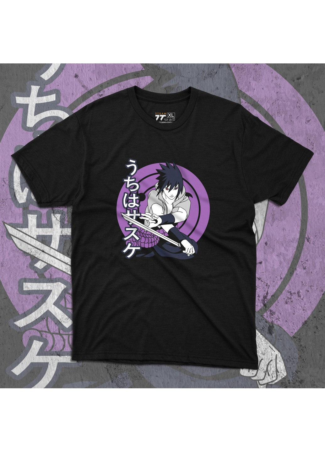 Черная футболка c принтом наруто - саске учиха 2 No Brand